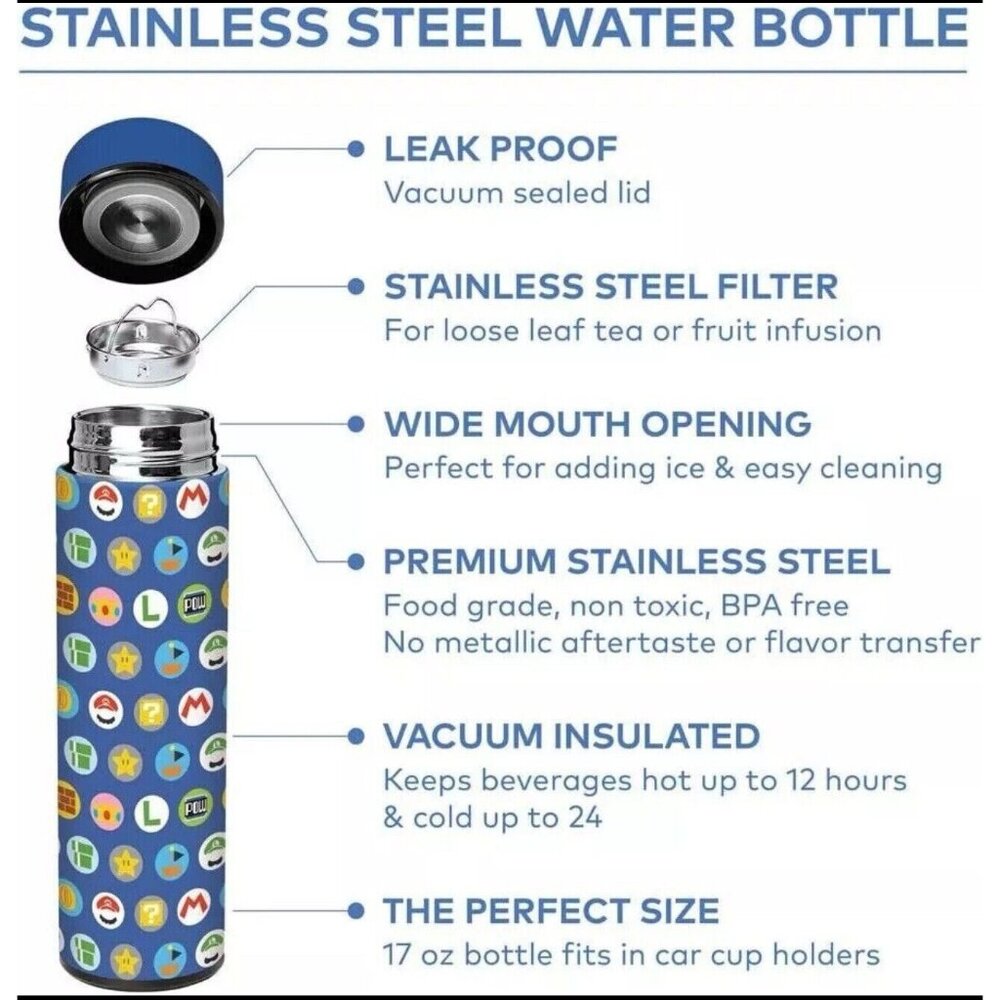 Super Mario Vacuum Insulated Stainless Steel Water Bottle, Leak Proof, 17oz - Picture 3 of 3